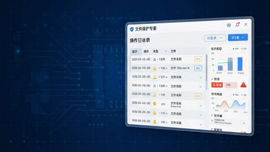 AI生图,画面主体为一个悬浮的日志面板,面板上显示“文件保护专家”操作日志列表,包含时间戳、操作类型、文件名等字段,背景为深蓝色科技背景与网格线,布局为右侧悬浮面板构图,风格为数据监控仪表盘风格,细节包括图表、筛选按钮、告警图标,画质高清,干净,无多余元素