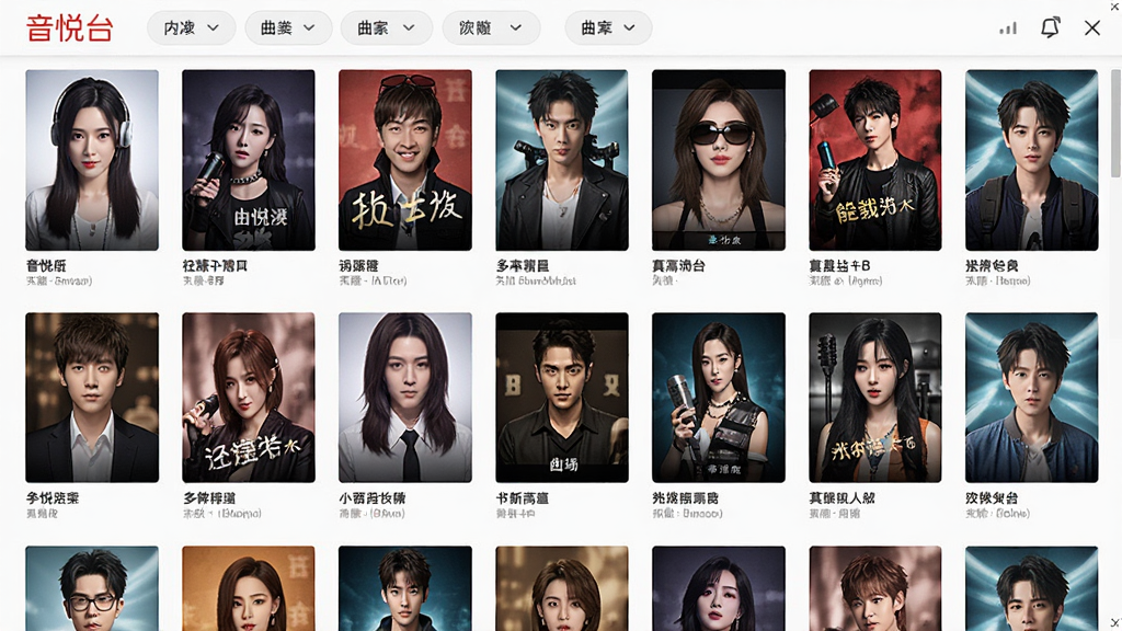 音悦台海量高清MV曲库界面截图,画面中展示多排整齐排列的MV封面缩略图,每张封面下方标注歌曲名称与歌手,界面顶部有分类筛选标签,风格清新明亮,布局规整,细节清晰,画质高清,干净,无多余元素