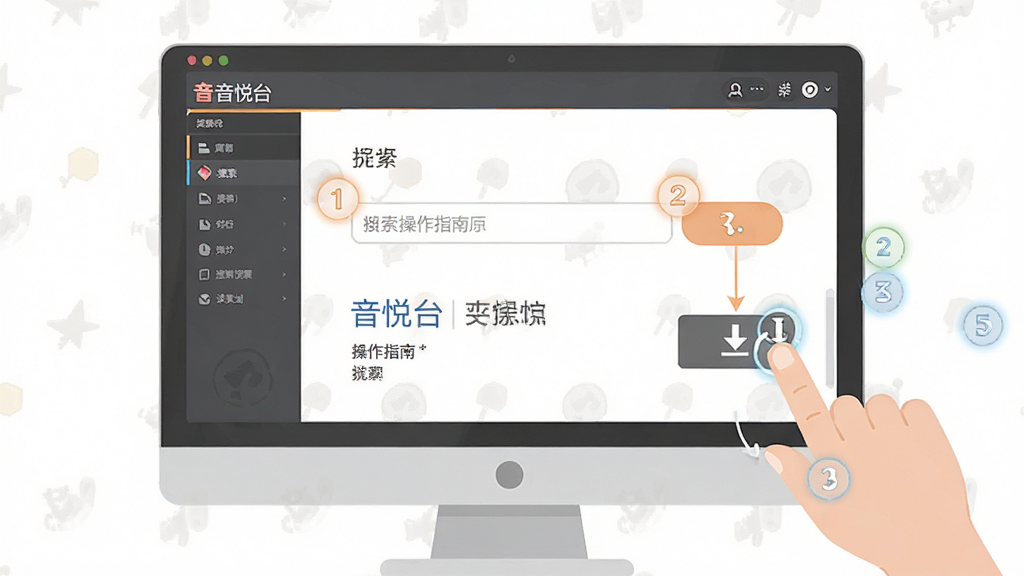 音悦台新手操作指南示意图,画面展示电脑屏幕中音悦台软件界面,旁边有手指点击搜索框、下载按钮的示意,界面简洁,布局清晰,风格扁平化教学插图,细节包含高亮标注的步骤序号,画质高清,干净,无多余元素