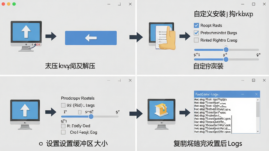 һ��չʾ FastCopy ��װ���������̵Ĳ���ͼ�⣬�����Ϊ�ĸ����ӣ��ֱ�չʾ���ؽ�ѹ���Զ��尲װ��ѡ�Ҽ��˵������û�������С��������ɺ����־���棬ÿ���������м���ͼ��ͼ�ͷָ��������Ϊǳ��ɫ�����ֲ����Ĺ������У����Ϊ��ƽ���̳̲廭��ϸ�ڰ�����װ��ť����ѡ�򡢻���������־�ı��У����ʸ��壬�ɾ����޶���Ԫ��
