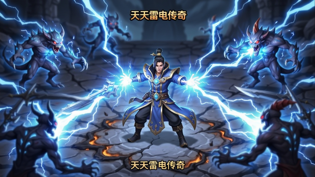 画面主体为一名法师角色释放全屏雷电术,角色位于画面中央,周围怪物被蓝色闪电覆盖,布局为角色居中、怪物环绕四周,排版以技能特效为视觉中心,风格为魔幻战斗场景,细节包括闪电纹理、怪物受击光效、地面焦痕,画质为高清4K,干净无多余元素,画面中有文字标注“天天雷电传奇”