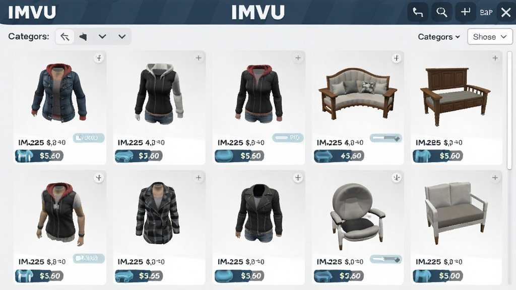 IMVU������Ʒ�̵���棬����Ϊ����3D��װ�ͼҾ���Ʒչʾ������Ϊ�������У����Ϊ�ִ����̷磬ϸ�ڰ�����Ʒ����ͼ���۸��ǩ������ɸѡ�����ʸɾ����������ֱ�ע��IMVU��