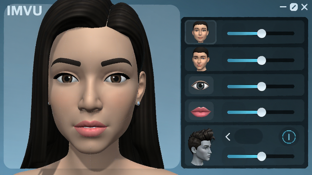 IMVU����������д������Ϊ3D���������沿������壬����Ϊ�������Ԥ���Ҳ໬����ڣ����Ϊ�Ƽ���UI���棬ϸ�ڰ�����ɫ�����͡��۾����촽�����͵�ѡ����������ɾ������ֱ�ע��IMVU��