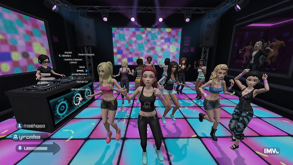IMVU�����ɶԳ���������Ϊ���3D�����ɫ���޺���µ�����л���������Ϊȫ���ӽǣ����Ϊ��������ɶԷ磬ϸ�ڰ���DJ̨���ƹ⡢���趯�����������֣����ʸ����޶���Ԫ��