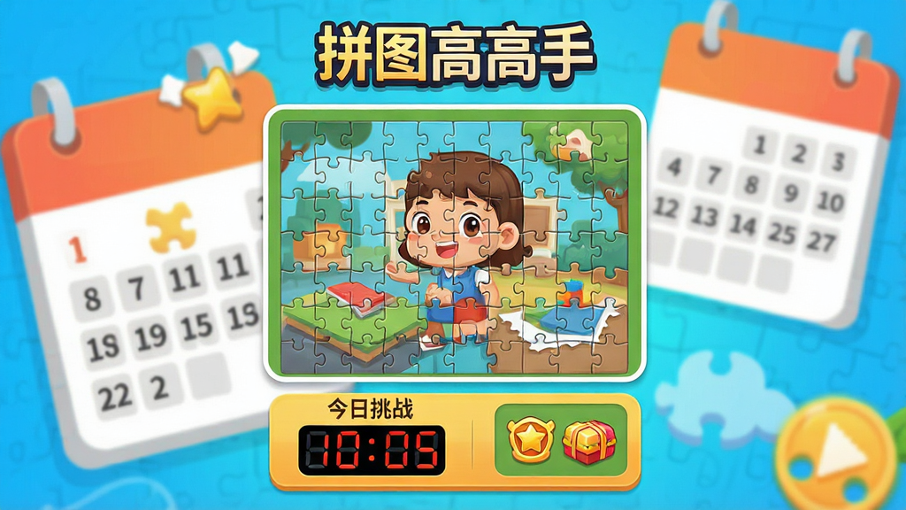 一张拼图高高手每日挑战界面的图片,画面中央显示今日挑战的拼图预览图,下方有倒计时和奖励图标,背景带有日历元素和“拼图高高手”标志,整体风格活泼明亮,画质清晰,干净无多余元素