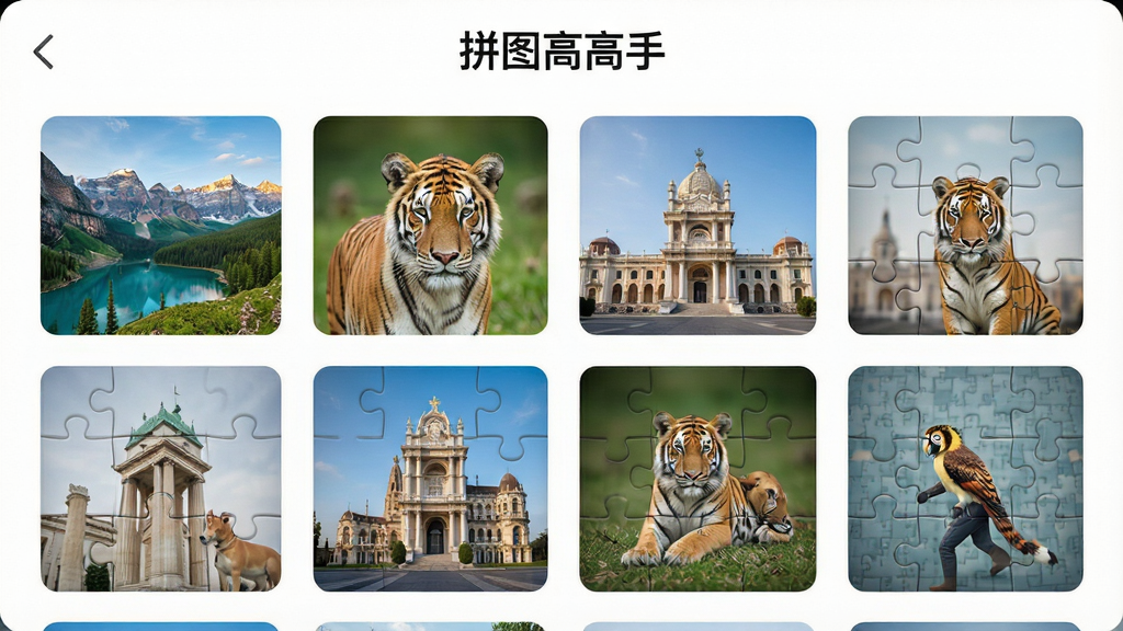 一张展示拼图高高手图库界面的图片,画面中整齐排列着多张不同主题的拼图缩略图,包括风景、动物、建筑等,界面简洁明亮,顶部带有“拼图高高手”字样,风格清新现代,画质清晰,干净无多余元素