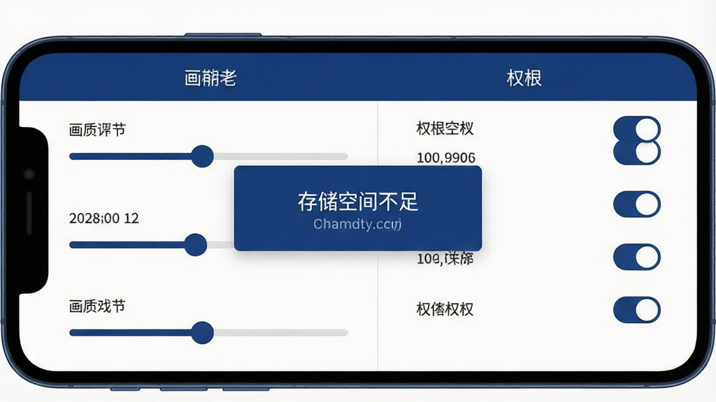 手机屏幕显示游戏设置界面,左侧是画质调节滑块,右侧是权限开关列表,画面中央弹出“存储空间不足”的提示框,整体采用扁平化UI风格,配色为深蓝与白色,画面干净整洁,无多余装饰元素,画质清晰
