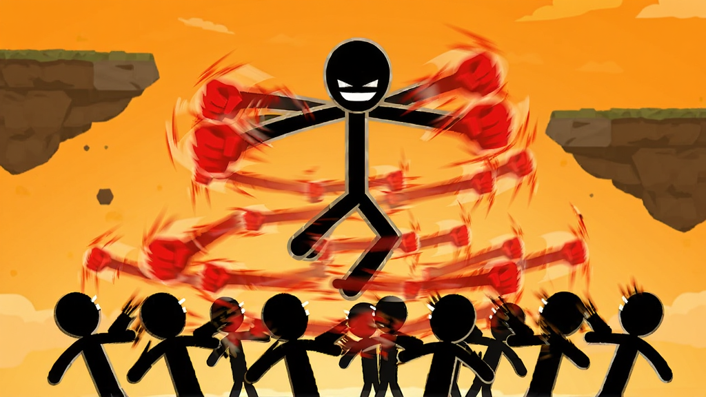 一个黑色火柴人悬浮在空中,双手快速交替打出密集的红色拳影,形成一张火力网覆盖下方成群的黑色火柴人敌人。背景是明亮的橙色天空与漂浮的岩石平台。整体风格为简洁明快的矢量插画,细节上突出拳影的轨迹与空气扭曲效果,画质锐利,干净,无多余元素。