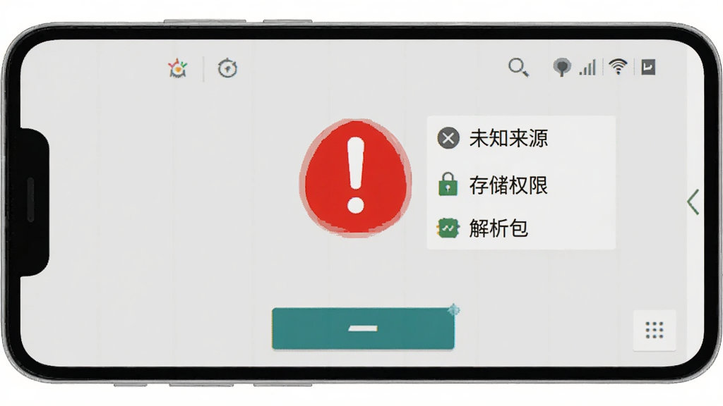 一部安卓手机屏幕显示游戏安装界面,界面中央有一个红色的警告感叹号,旁边列出三条提示文字,分别是“未知来源”、“存储权限”、“解析包”。背景为浅灰色,风格为扁平化信息图表,细节上突出手机UI的按钮与提示框,画质清晰,干净,无多余元素。
