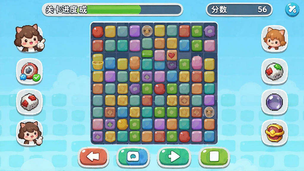 消除我最6游戏主界面预览图,画面中央是色彩鲜艳的方块消除棋盘,四周环绕着可爱的卡通角色和道具图标,顶部显示关卡进度和分数,底部有操作按钮,整体风格清新明快,画质清晰,干净无多余元素