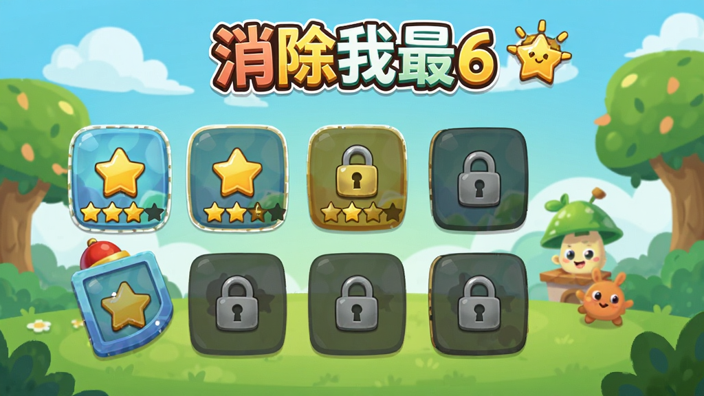 消除我最6游戏关卡选择界面,屏幕上排列着多个关卡图标,部分已解锁显示星级评价,部分带有锁定状态,背景是卡通风格的清新场景,画面中带有“消除我最6”字样,风格活泼,画质清晰,干净无多余元素