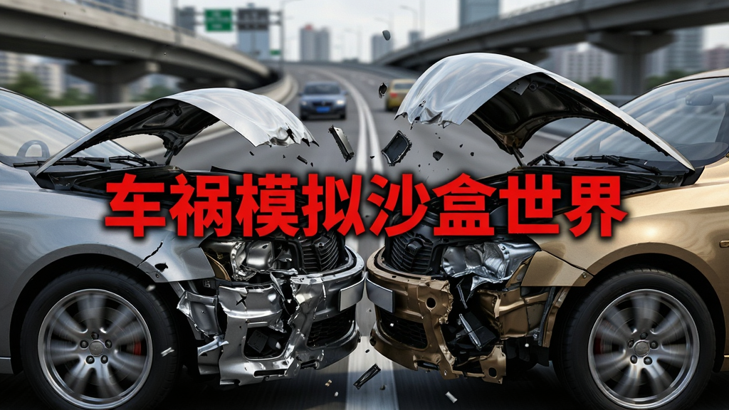 近距离特写两辆轿车高速正面相撞的瞬间,保险杠碎裂、引擎盖翘起、碎片向四周飞散,背景是模糊的城市高架桥,采用3D写实渲染风格,金属质感强烈,画面中心用红色粗体字标注“车祸模拟沙盒世界”,整体构图紧凑,画质细腻。