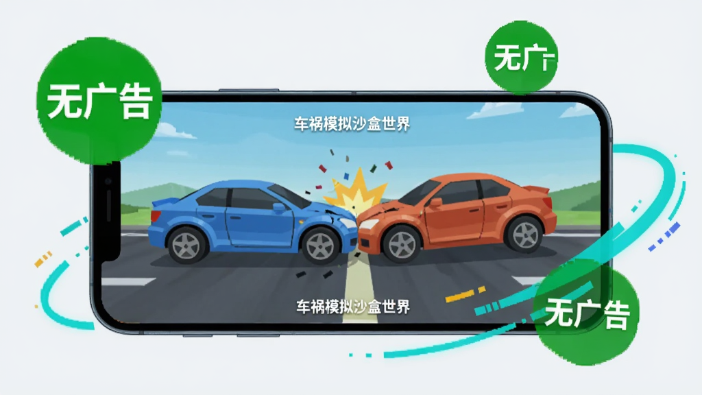 一部智能手机横屏显示游戏画面,画面中两辆车正在碰撞,手机周围有“无广告”字样的绿色图标和流畅运行的动态线条,背景是简洁的浅灰色,采用扁平化科技风格,手机屏幕内用白色小字标注“车祸模拟沙盒世界”,整体干净利落。