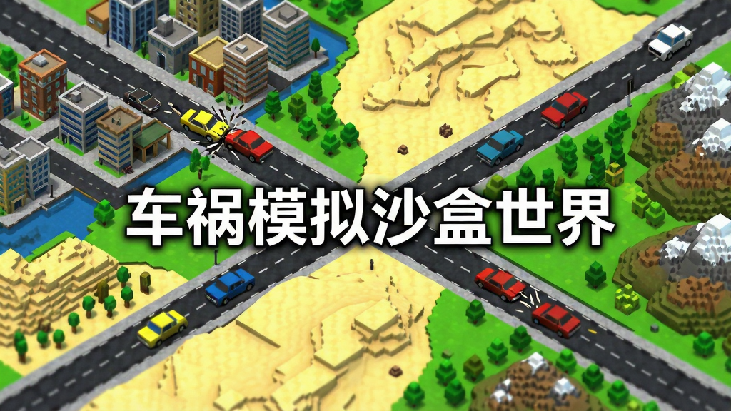 俯瞰视角展示一张包含城市、沙漠、山地三种地形的沙盒地图,道路上分布着多辆正在碰撞的汽车,画面采用3D等距视角,色彩鲜明,场景细节丰富,地图中央用白色文字写着“车祸模拟沙盒世界”,整体布局清晰,无多余装饰。