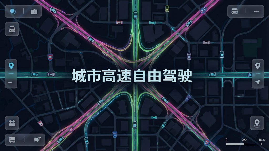 画面主体是一张俯视视角的城市地图,地图上标注了高速公路、立交桥、隧道和城市街区,道路用亮色线条高亮显示;布局为全屏地图铺满画面,四周有半透明的UI按钮;排版为竖版手机屏幕比例,地图居中;风格为科技感扁平化设计,深色背景搭配霓虹色道路线条;细节包括车辆图标、目的地标记和比例尺;画质为高清,干净无多余元素,画面中打文字