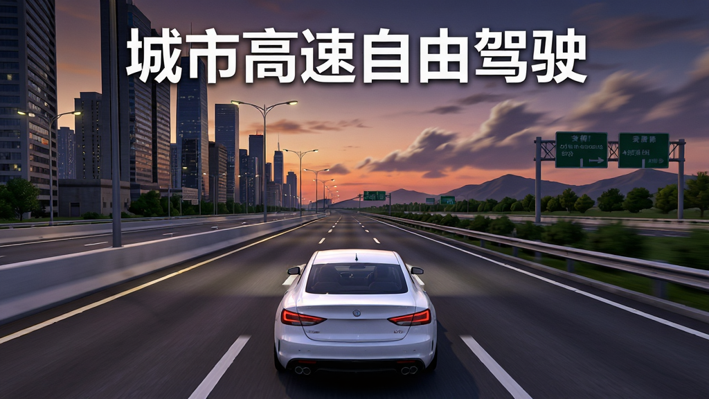 画面主体是一辆白色轿车行驶在城市高速公路上,左侧是高楼林立的城市建筑群,右侧是绿化带与路牌,天空呈现傍晚的橙紫色渐变;布局采用第三人称追尾视角,车辆位于画面下方中央,公路向远处延伸形成透视感;排版为横版宽屏构图,上方留白放置游戏名称文字;风格为写实3D渲染,带有细腻的车辆反光与路面纹理;细节包括路灯、车道线、远处山脉与动态云层;画质为高清4K,干净无多余元素,画面中打文字