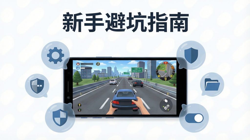画面主体是一部安卓手机横屏显示城市高速自由驾驶游戏画面,手机周围环绕着设置图标、存储空间图标和权限开关图标;布局为手机居中,图标以半透明气泡形式分布在手机四周;排版为竖版海报构图,上方留白放置标题文字;风格为扁平化科技插画,蓝灰配色为主;细节包括手机屏幕内的公路场景和车辆,以及气泡中的齿轮、盾牌和文件夹符号;画质为高清,干净无多余元素,画面中打文字