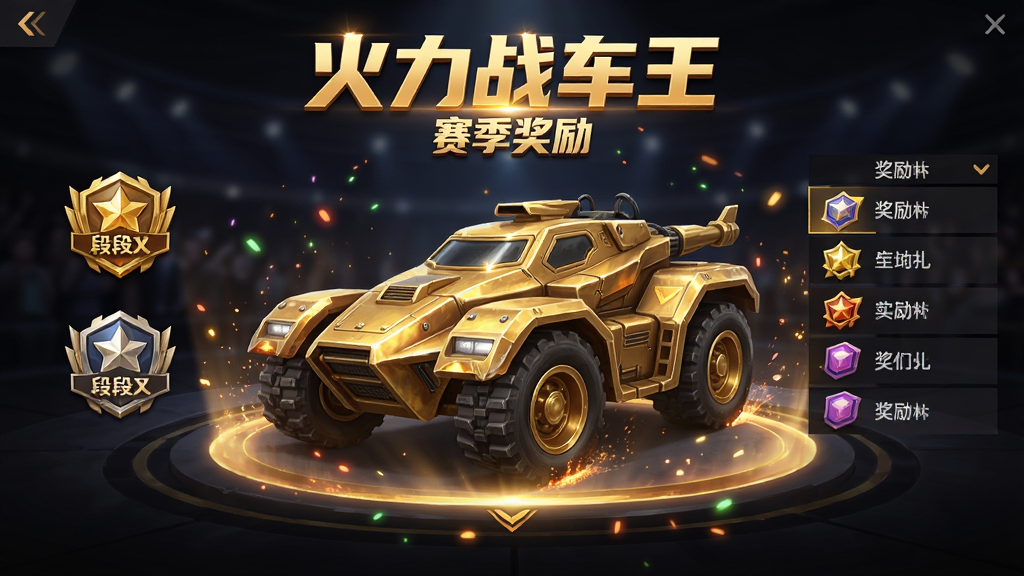 赛季结算界面风格,中央展示一辆带有金色涂装的战车,上方有
