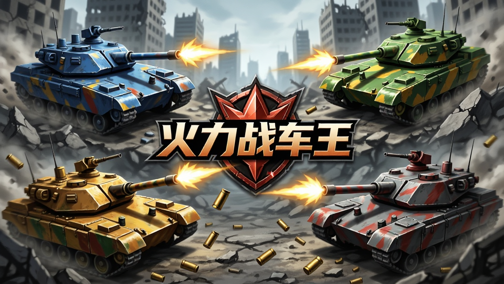 四辆不同涂装的战车在废墟城市中交火,画面中央有