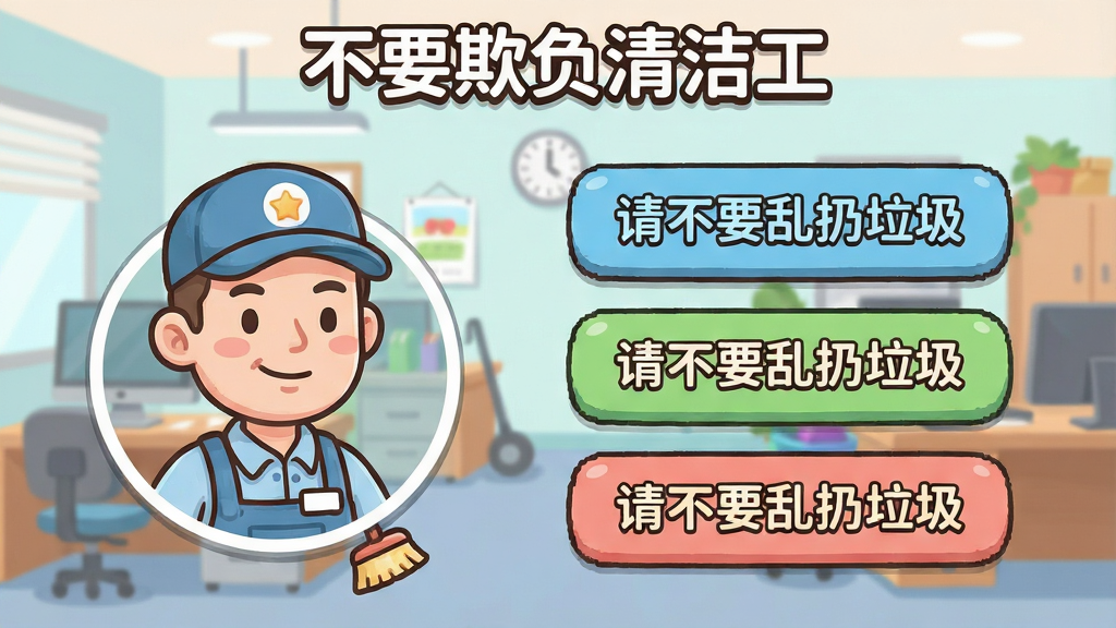 卡通风格的游戏剧情选择界面,左侧是清洁工角色头像,右侧是三个对话选项按钮,背景是办公室场景,画面中有一句醒目的台词“请不要乱扔垃圾”,整体布局简洁清晰,色彩柔和,画质干净无多余元素,顶部带有“不要欺负清洁工”游戏标题