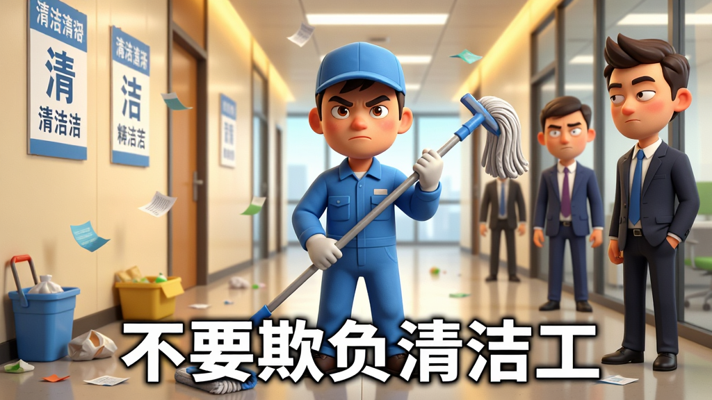 画面中央是一位身穿蓝色工作服、手持拖把的清洁工角色,站在现代化办公楼的走廊中,周围散落着纸屑和垃圾,背景有几位西装白领投来异样目光,整体采用卡通渲染风格,色彩明亮温暖,构图采用三分法突出主角,细节包括墙上的清洁标语、地板反光、角色坚毅的表情,画质清晰干净,无多余元素,画面下方用白色粗体字写着“不要欺负清洁工”