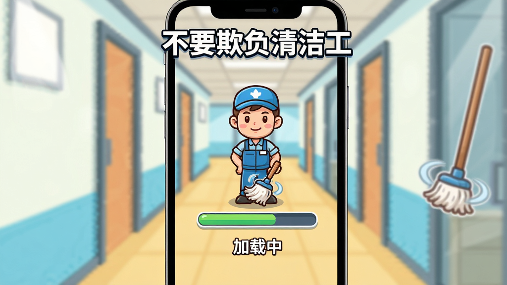 手机屏幕显示游戏加载界面,中间有清洁工卡通形象和进度条,背景是办公室走廊,画面风格明亮卡通,布局居中,细节包括旋转的拖把图标和“加载中”文字,画质干净,无多余元素,顶部带有“不要欺负清洁工”标题