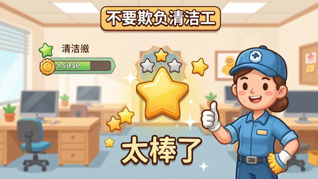 游戏结束后的统计界面,显示清洁度百分比、获得金币和星级评价,背景是干净整洁的办公室,清洁工角色竖起大拇指,画面风格卡通温馨,布局居中,细节包括闪亮的星星和“太棒了”文字,画质干净,无多余元素,顶部带有“不要欺负清洁工”标志