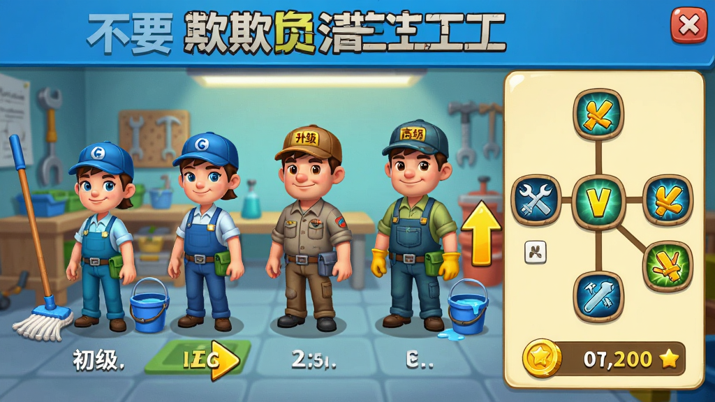 游戏角色成长界面,展示清洁工角色从初级到高级的服装变化,旁边是技能树图标和金币数量,背景是工具间,画面风格卡通明亮,布局采用左右分栏,细节包括拖把、水桶、升级箭头,画质清晰,无多余元素,顶部文字“不要欺负清洁工”