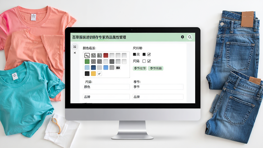 一张展示百草服装进销存专家商品属性管理界面的图片,画面中电脑屏幕显示服装商品录入界面,包含颜色选择框、尺码勾选项、季节标签和品牌输入栏,屏幕旁边摆放彩色T恤和牛仔裤实物,风格清新明亮,排版整洁,画质高清,干净无多余元素