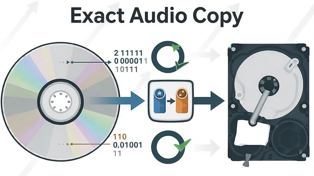 һ��չʾ Exact Audio Copy ��ȷץ��ԭ����ʾ��ͼ������ΪCD��������������ͷ����������ǹ��̣��Ҳ��ǵ���Ӳ�̣��м���У��Ա�ͼ�꣬�Ű������ʽ�����Ϊ��ƽ����Ϣͼ��ϸ�ڰ��������ƴ��롢ѭ����ͷ���Թ���ǣ������������ɾ����޶���Ԫ�أ�ͼ�б�ע���֡�Exact Audio Copy����