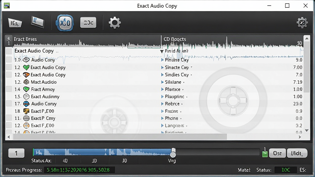 һ��չʾ Exact Audio Copy �����������ͼƬ������Ϊ������Ļ�ϵ��������ڣ�����������CD�����б����·���ץ���������״̬��Ϣ���Ű������������Ϊ�ִ��Ƽ���UI��ƣ�ϸ�ڰ�������ͼ����ťͼ����ı���ǩ�����ʸ��壬�ɾ����޶���Ԫ�أ���Ļ����ʾ���֡�Exact Audio Copy����