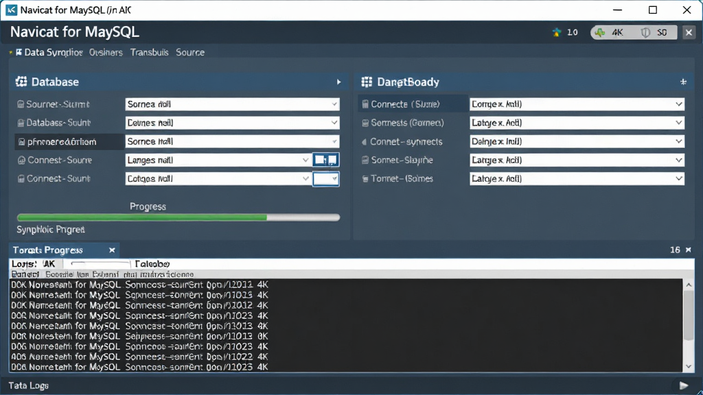 Navicat for MySQL 数据传输向导界面,主体为数据同步配置窗口,布局中展示源数据库与目标数据库的连接选项,风格为简洁商务风,细节包含同步进度条与日志输出面板,画质为 4K 超清,画面干净,无多余元素。