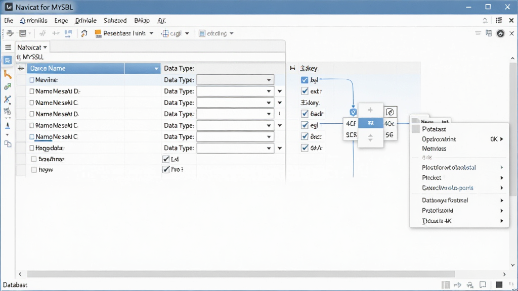 一位数据库管理员正在使用 Navicat for MySQL 设计数据库表结构,画面主体为软件界面的可视化设计器窗口,布局中展示字段名、数据类型下拉框与主键勾选状态,风格为专业办公场景,细节包含清晰的表关系连线与右键菜单,画质为 4K 超清,画面干净,无多余元素。