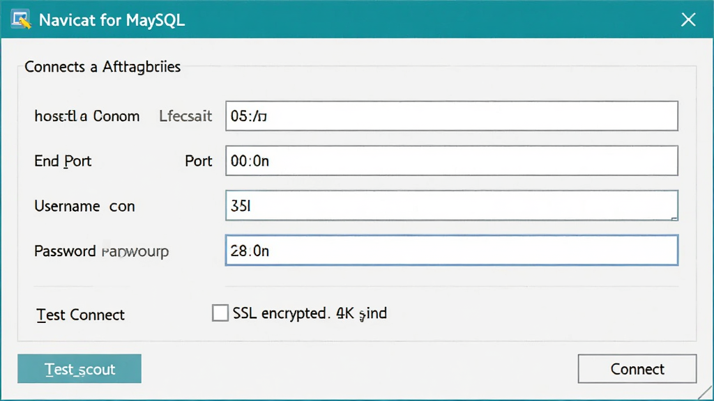 Navicat for MySQL 连接配置窗口的截图,主体为连接属性设置面板,布局中包含主机名、端口、用户名与密码输入框,风格为简洁明了的工具界面,细节包含测试连接按钮与 SSL 加密选项,画质为 4K 超清,画面干净,无多余元素。