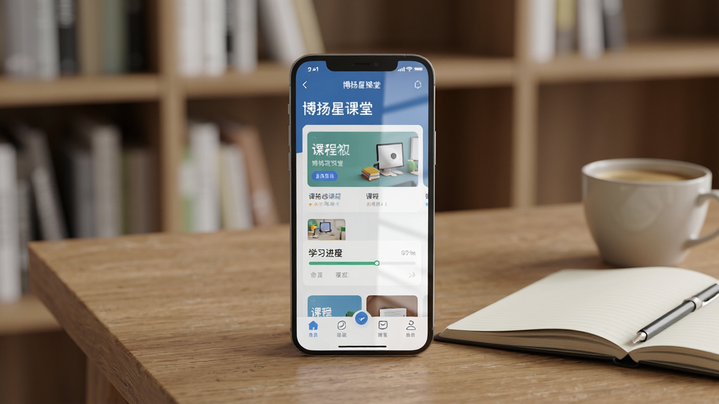 一张展现博扬星课堂移动学习场景的图片,画面主体是一部智能手机,屏幕显示博扬星课堂应用主界面,界面中排列着课程卡片与学习进度条,手机放置在木质书桌上,旁边有一本翻开的笔记本和一杯咖啡,背景是虚化的书架,整体布局采用居中构图,风格为现代简约写实风,细节包括屏幕反光、桌面纹理与柔和自然光,画质清晰干净,无多余元素