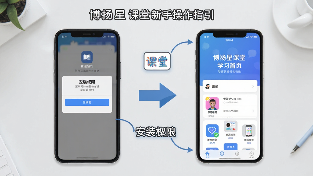 博扬星课堂新手操作指引图,画面主体是手机屏幕显示安装权限设置界面与学习首页对比,旁边有箭头指引标注,背景是干净的浅灰色桌面,风格为扁平化教程风,细节包括图标高亮与文字标注框,画质清晰干净,无多余元素