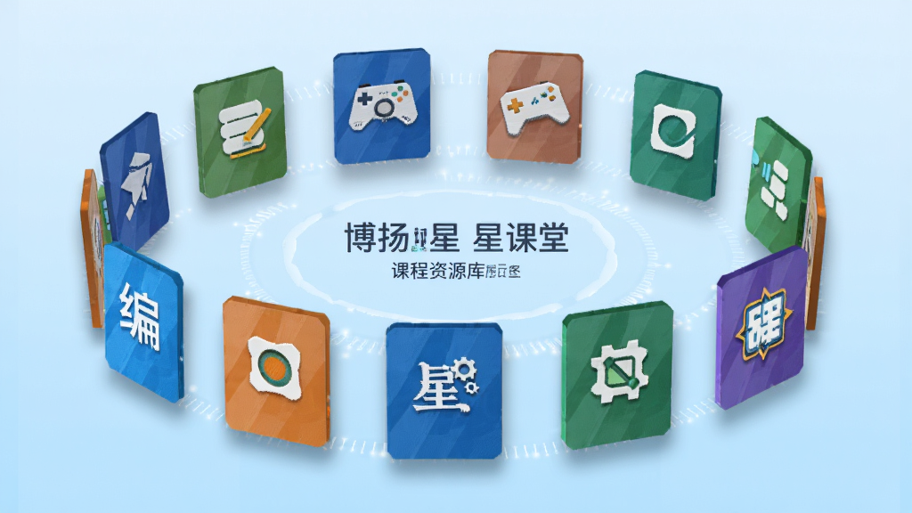 博扬星课堂课程资源库展示图,画面主体是悬浮在空中的多个课程封面卡片,卡片上标注着数学、英语、编程等科目图标,卡片围绕中心呈环形排列,背景是浅蓝色渐变,风格为扁平化科技风,细节包括卡片阴影与图标纹理,画质清晰干净,无多余元素