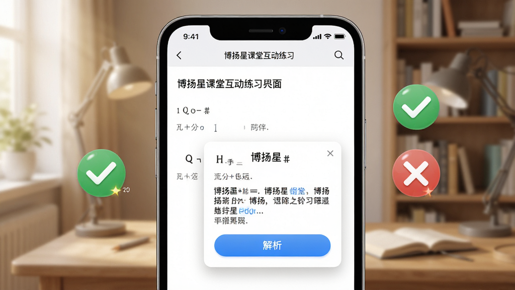 博扬星课堂互动练习界面展示图,画面主体是手机屏幕特写,屏幕上显示一道选择题与解析弹窗,旁边有对勾与叉号图标,背景是柔和的书房环境,风格为写实UI展示风,细节包括屏幕字体清晰度与按钮高光,画质清晰干净,无多余元素