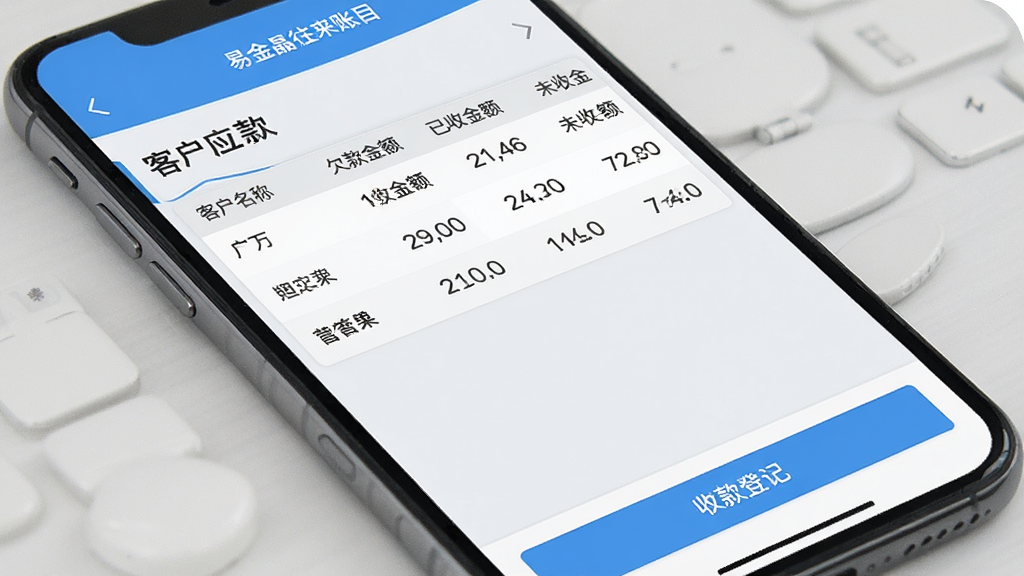 一张展示易金晶进销存往来账目界面的手机样机图,画面中手机屏幕显示客户应收款列表,包含客户名称、欠款金额、已收金额、未收金额等字段,屏幕下方有“收款登记”按钮,界面风格简洁,配色以浅灰与蓝色为主,画质清晰,无多余元素