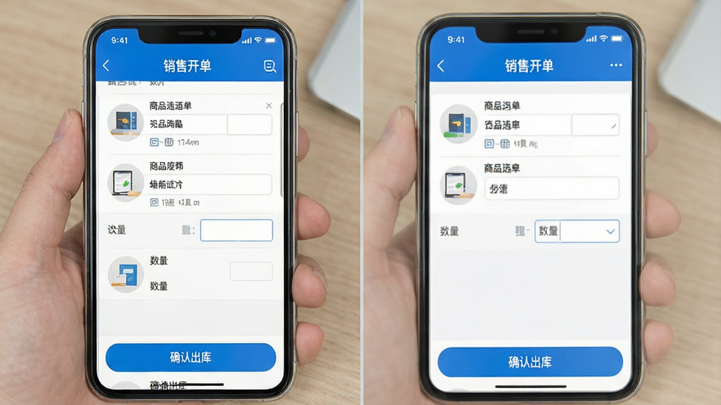 一张展示易金晶进销存销售开单界面的手机截图风格图片,画面中手机屏幕显示商品选择列表与数量输入框,屏幕上方有“销售开单”标题,下方有“确认出库”按钮,界面配色以蓝白为主,风格简洁商务,细节清晰,画质干净,无多余元素