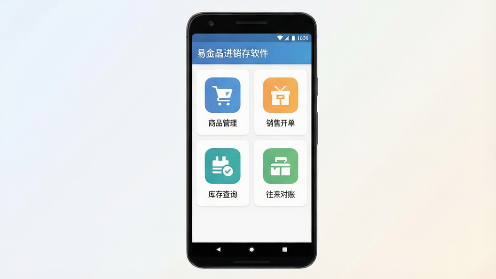 一张展示易金晶进销存软件主界面的手机样机图,画面中央是一部竖屏安卓手机,手机屏幕内呈现进销存管理首页,包含商品管理、销售开单、库存查询、往来对账四个主要功能入口图标,图标下方有简洁的中文标签,整体布局干净整齐,背景为浅色渐变,风格为现代扁平化UI设计,细节清晰,画质锐利,无多余装饰元素