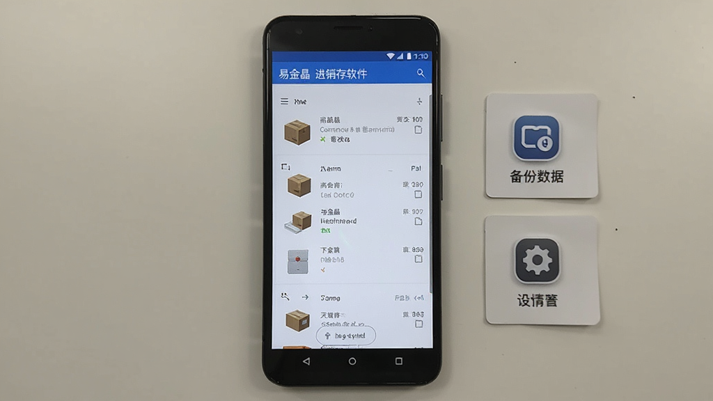 一张展示易金晶进销存软件在安卓手机上运行状态的实拍风格图片,画面中手机屏幕显示商品列表界面,手机旁边有备份数据与设置图标的小卡片,整体构图简洁,风格为数码产品展示图,画质清晰,无多余元素