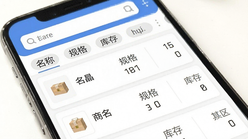 一张展示易金晶进销存商品管理界面的手机样机图,画面中手机屏幕显示商品分类标签与商品列表,每个商品条目包含名称、规格与库存数量,屏幕顶部有搜索框,整体布局规整,风格为现代移动应用界面,画质干净,无多余元素