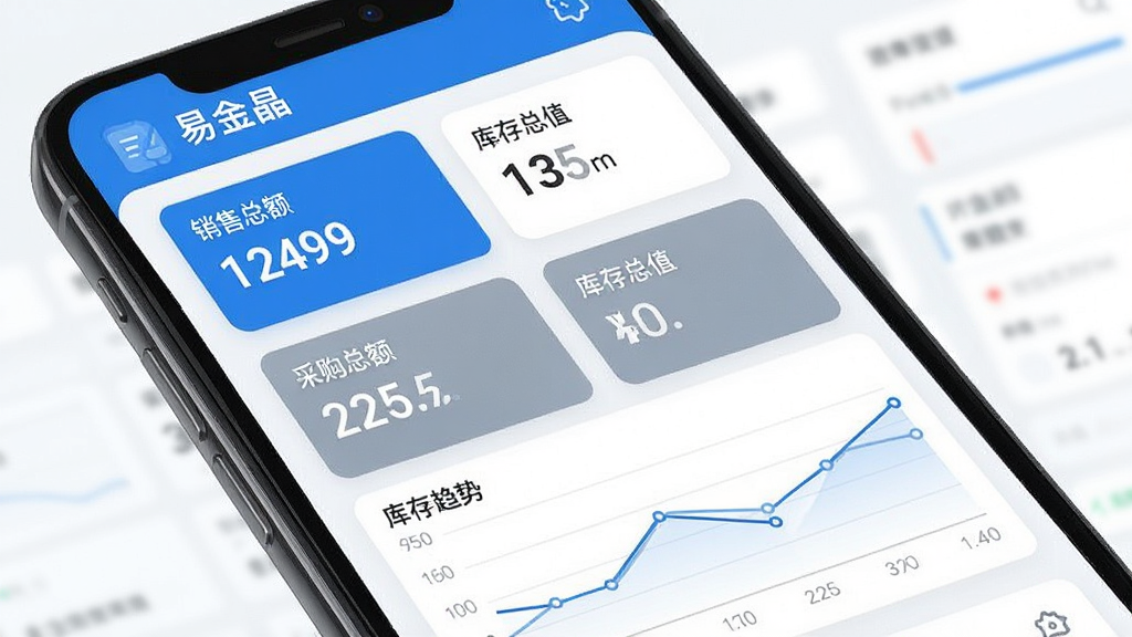 一张展示易金晶进销存数据概览界面的手机样机图,画面中手机屏幕显示销售总额、采购总额、库存总值等数据卡片,卡片下方有简易趋势图,界面风格现代简洁,配色以蓝白灰为主,画质锐利,无多余元素