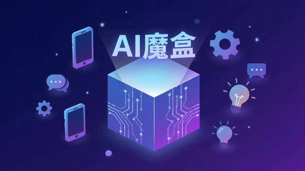 整体画面以深蓝与紫色渐变为主色调,画面中央放置一个发光的方形盒子,盒子表面有流动的数据线条,盒子顶部悬浮着发光的字母“AI魔盒”,周围环绕着手机、对话气泡、齿轮、灯泡等小图标,布局采用居中对称式排版,风格为科技感扁平插画,细节处带有柔和的霓虹光晕,画质清晰干净,无多余元素