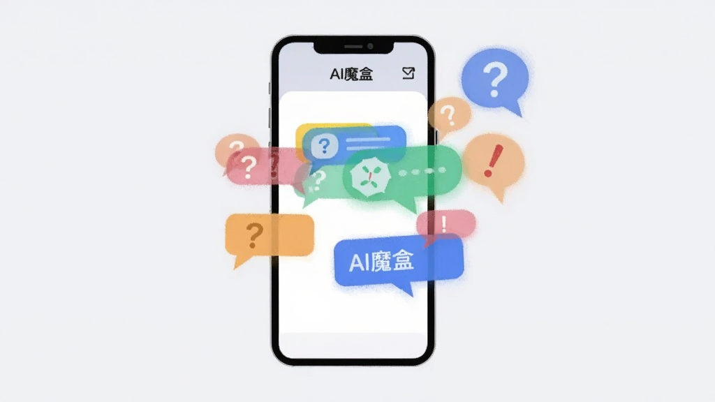 画面中央是一部智能手机,手机屏幕上显示着“AI魔盒”的对话界面,界面中有多个不同颜色的对话气泡从屏幕中飘出,气泡内带有问号和感叹号符号,背景为浅灰色,布局简洁居中,风格为现代扁平化UI插画,细节清晰,画质干净,无多余元素