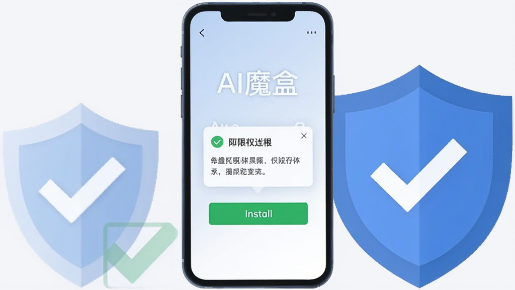 画面中央是一部手机,手机屏幕上显示“AI魔盒”的安装界面,界面中有绿色的安装按钮和权限提示弹窗,手机旁边有一个盾牌图标和勾选标记,背景为浅灰色,布局为手机居中、盾牌在右,风格为扁平化安全主题插画,细节清晰,画质干净,无多余元素