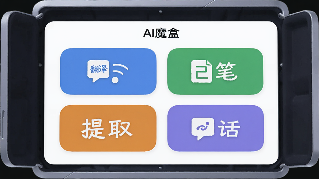 画面中央是一个打开的“AI魔盒”应用界面,界面中排列着翻译、笔记、提取、对话四个功能图标,图标以圆角矩形呈现,颜色分别为蓝、绿、橙、紫,背景为白色,布局为2x2网格排列,风格为清爽的扁平化设计,细节干净,画质清晰,无多余元素