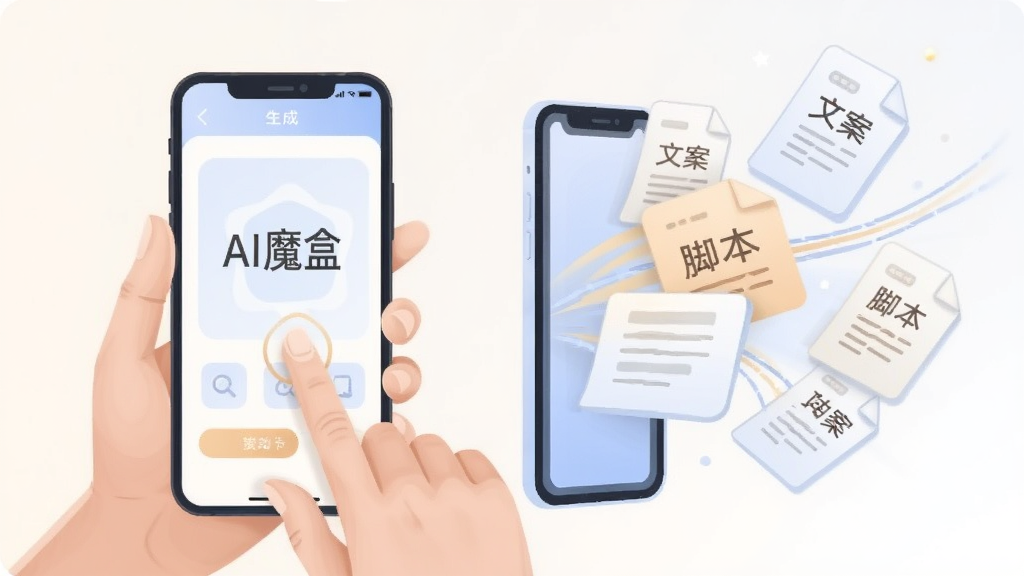 画面左侧是一只手正在点击手机屏幕,屏幕中显示“AI魔盒”的文本生成界面,右侧是从屏幕中飞出的文档图标和文字线条,文档上带有“文案”“脚本”等字样,布局为左右呼应式,风格为简洁的矢量插画,细节柔和,画质清晰,无多余元素