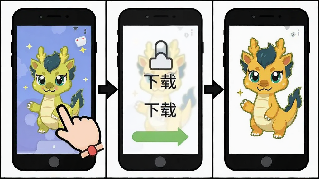 魔法小麟 安装步骤示意图 展示手机安装APK的三个步骤 布局为横向三格漫画式 排版从左到右依次为下载点击安装完成 风格为扁平化教程 细节包含手机图标与箭头引导 画质高清 干净 无多余元素